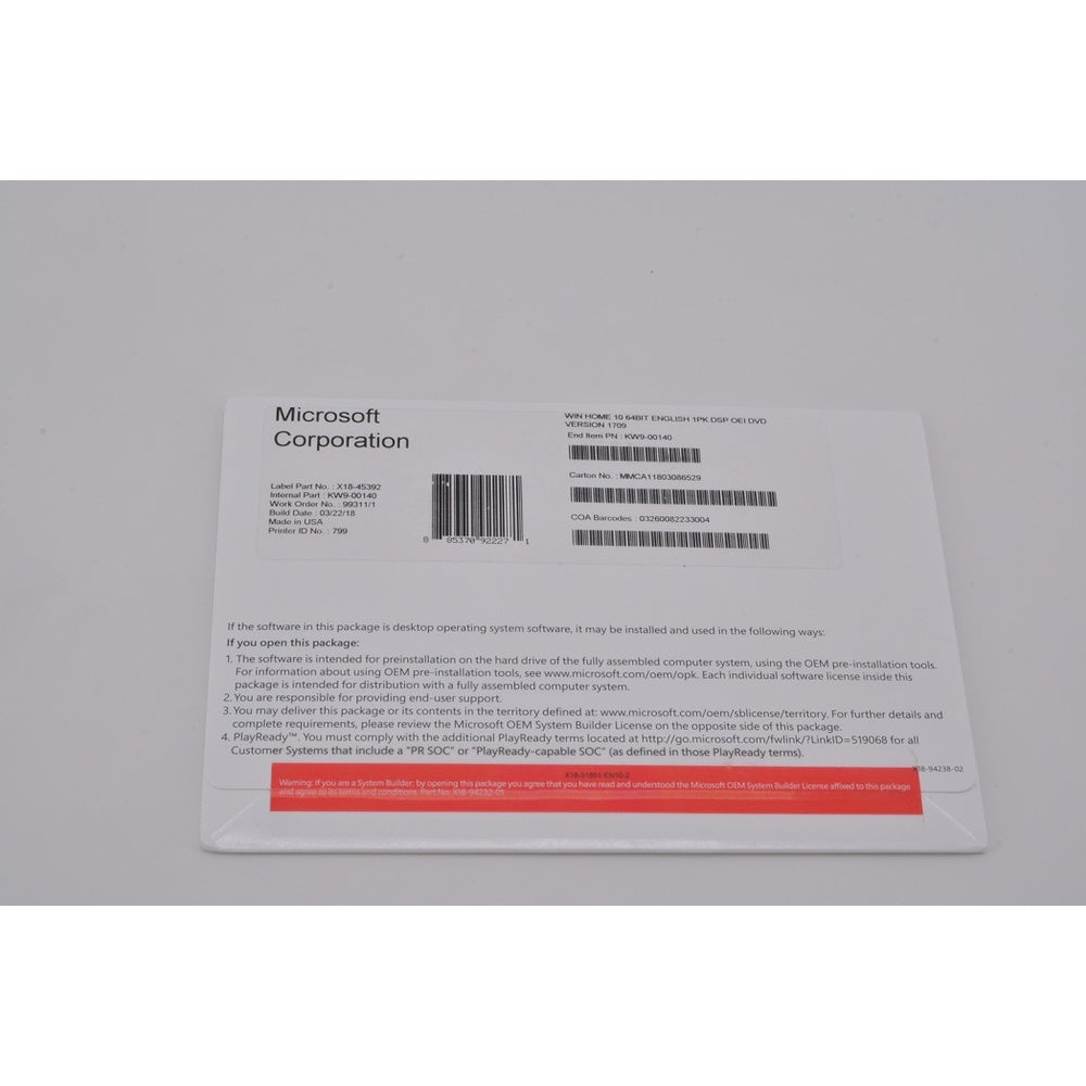 Microsoft Windows 10 Home 64bit English 1-Pack DSP OEI DVD Version KW9-00140